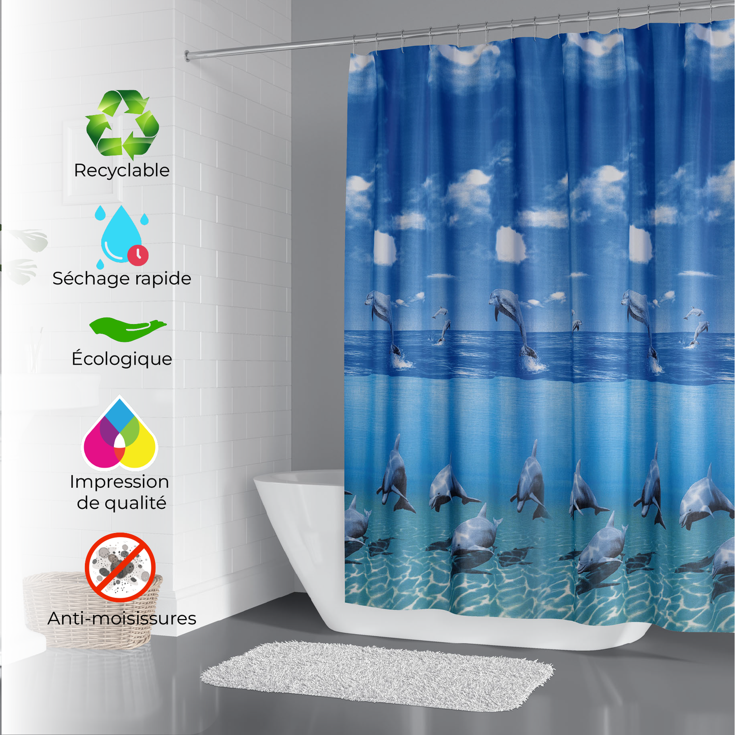 Rideau de baignoire bleu motif de dauphins - 180x200 avec anneaux inclus