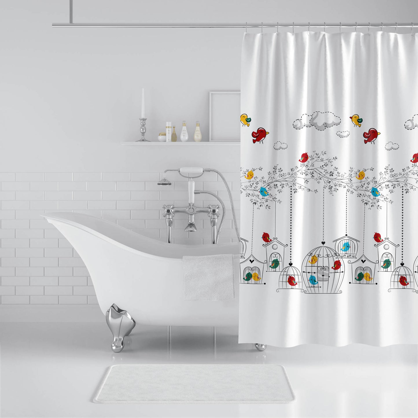 Rideau douche blanc en superbe motif oiseaux romantiques