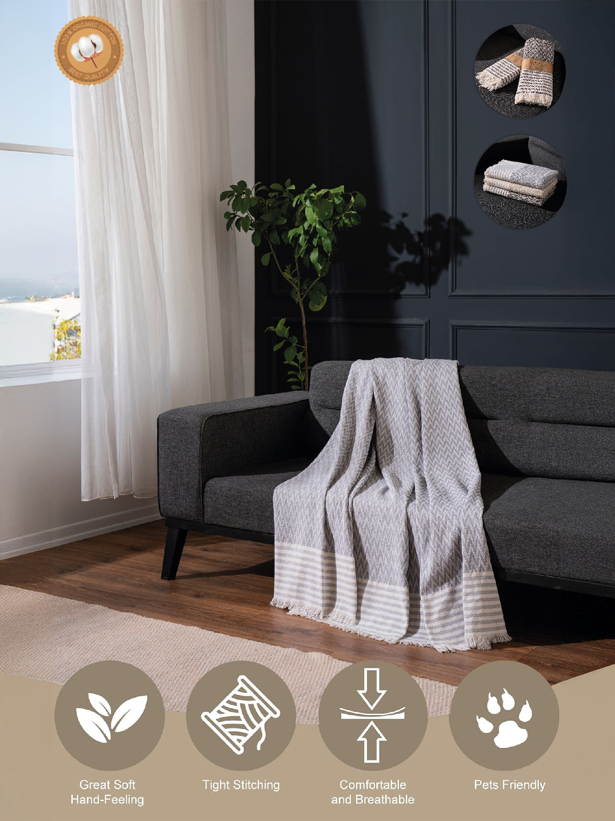 Jeté de Lit - Canapé en coton 170x210 - Motif Chevron Gris