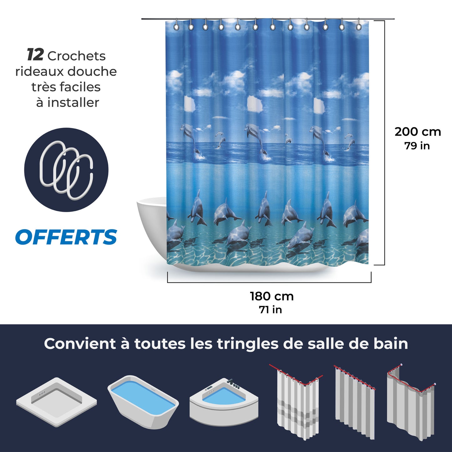 Rideau de baignoire bleu motif de dauphins - 180x200 avec anneaux inclus