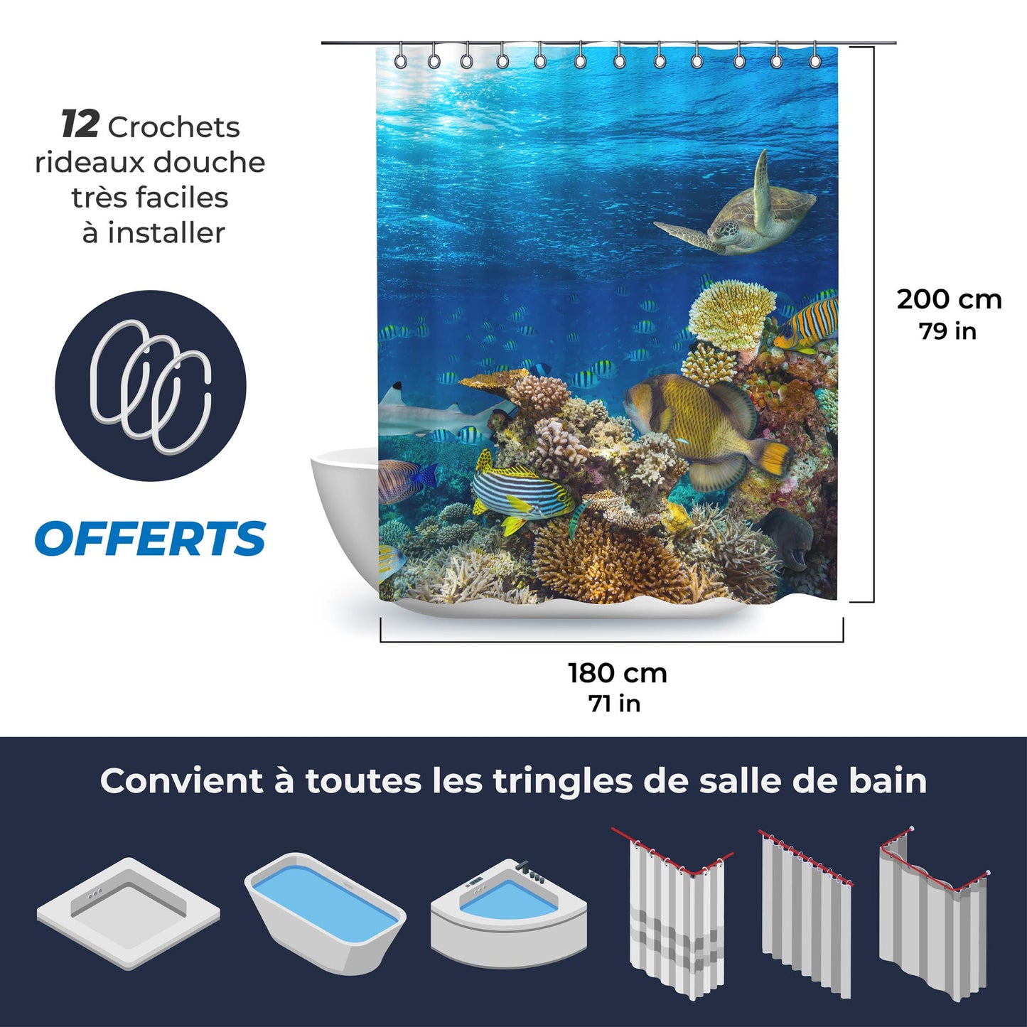 Rideau de douche bleu joli motif d'aquarium avec crochets