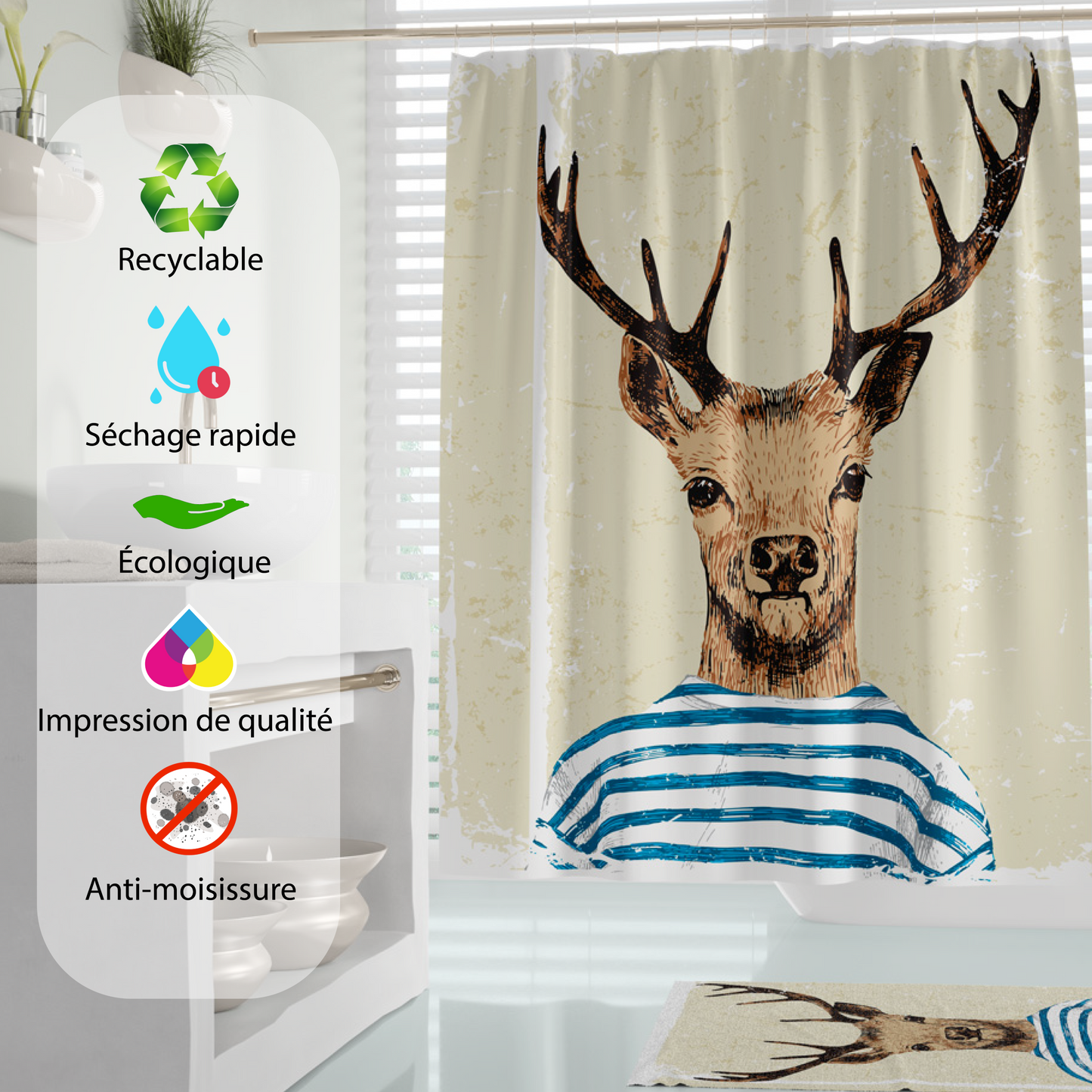 Rideau de douche tissu anti moisissures décoratif M. Le Cerf