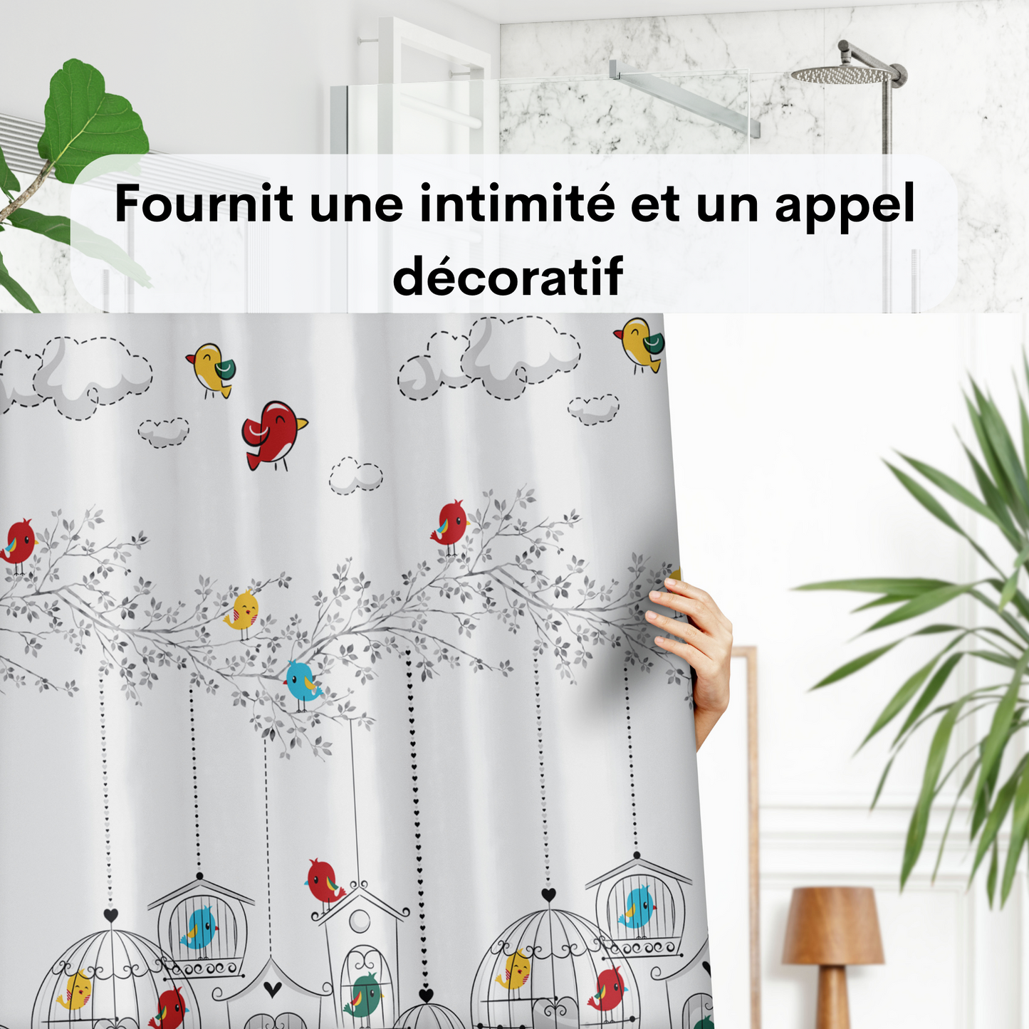 Rideau douche blanc en superbe motif oiseaux romantiques