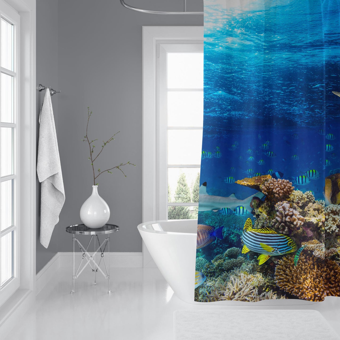 Rideau de douche bleu joli motif d'aquarium avec crochets