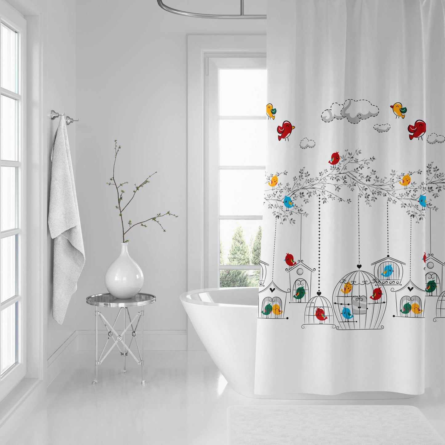 Rideau douche blanc en superbe motif oiseaux romantiques