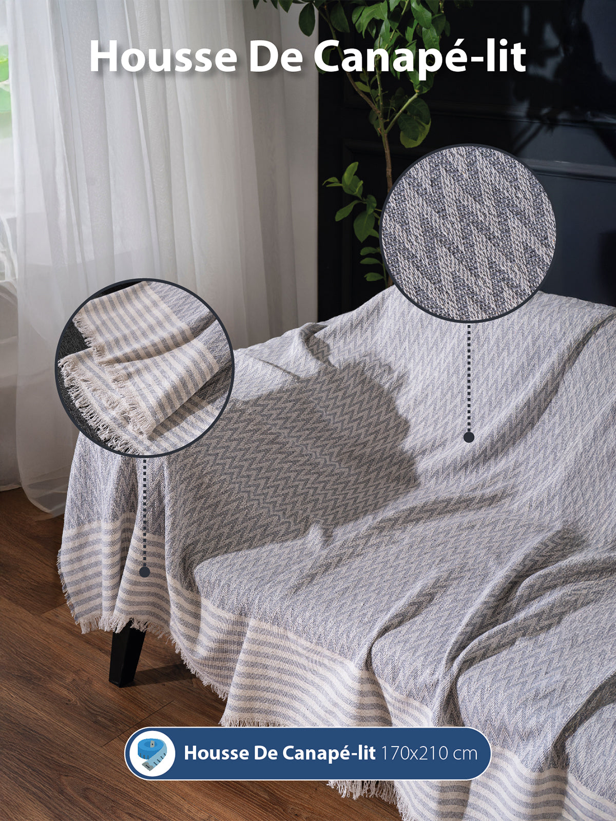 Jeté de Lit - Canapé en coton 170x210 - Motif Chevron Gris