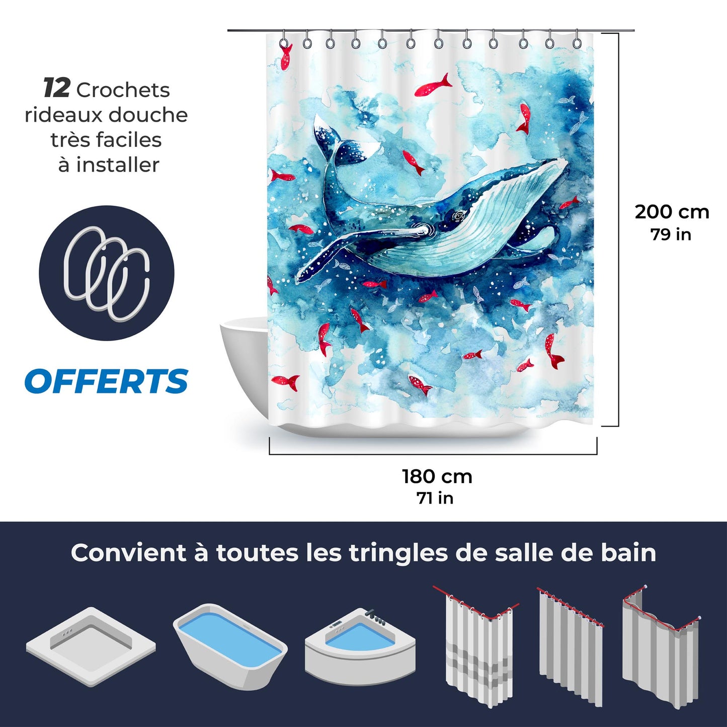 Rideau de douche bleu en motif de baleine avec crochets inclus
