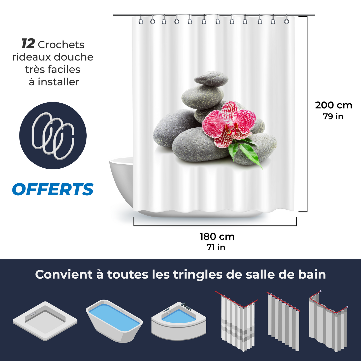 Rideau de douche spa concept pierres de zen et orchidée