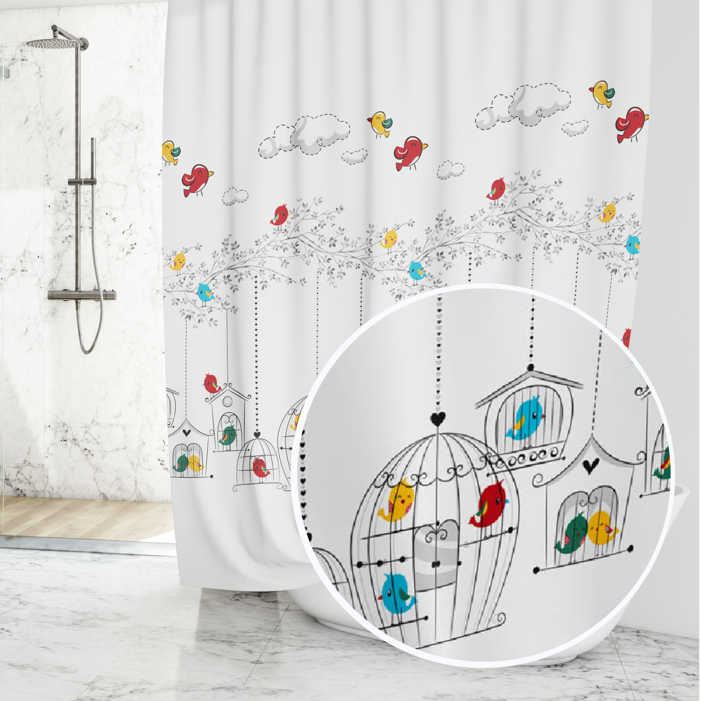 Rideau douche blanc en superbe motif oiseaux romantiques