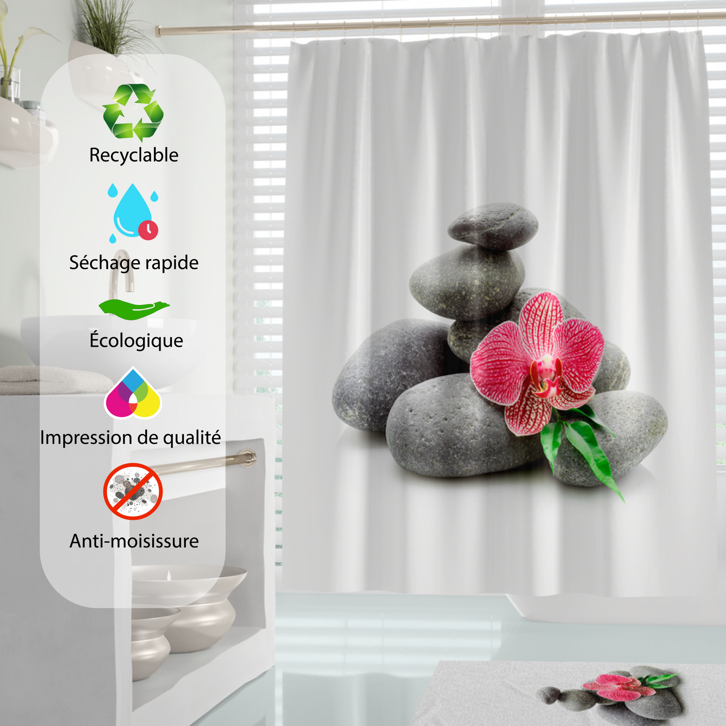 Rideau de douche spa concept pierres de zen et orchidée