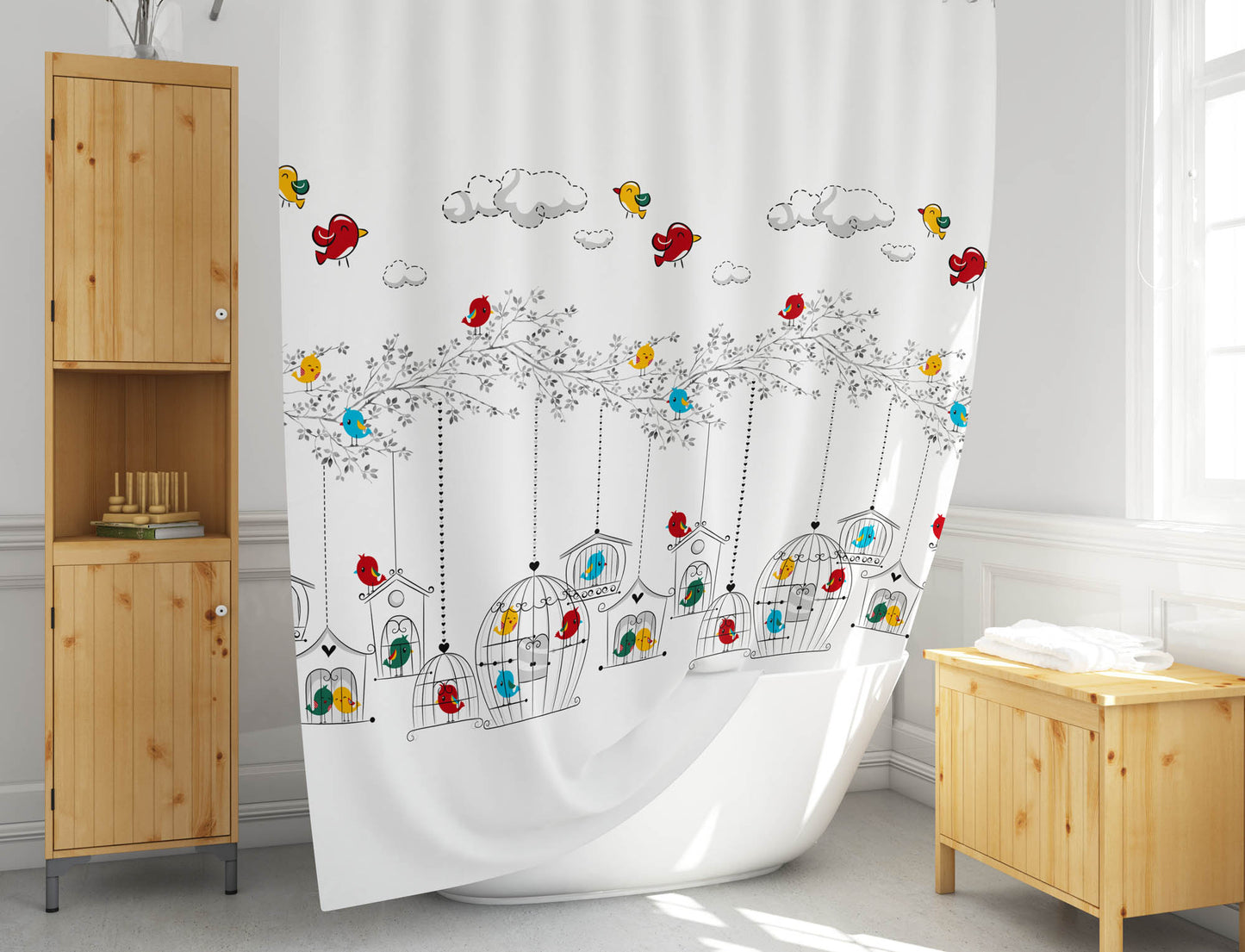 Rideau douche blanc en superbe motif oiseaux romantiques
