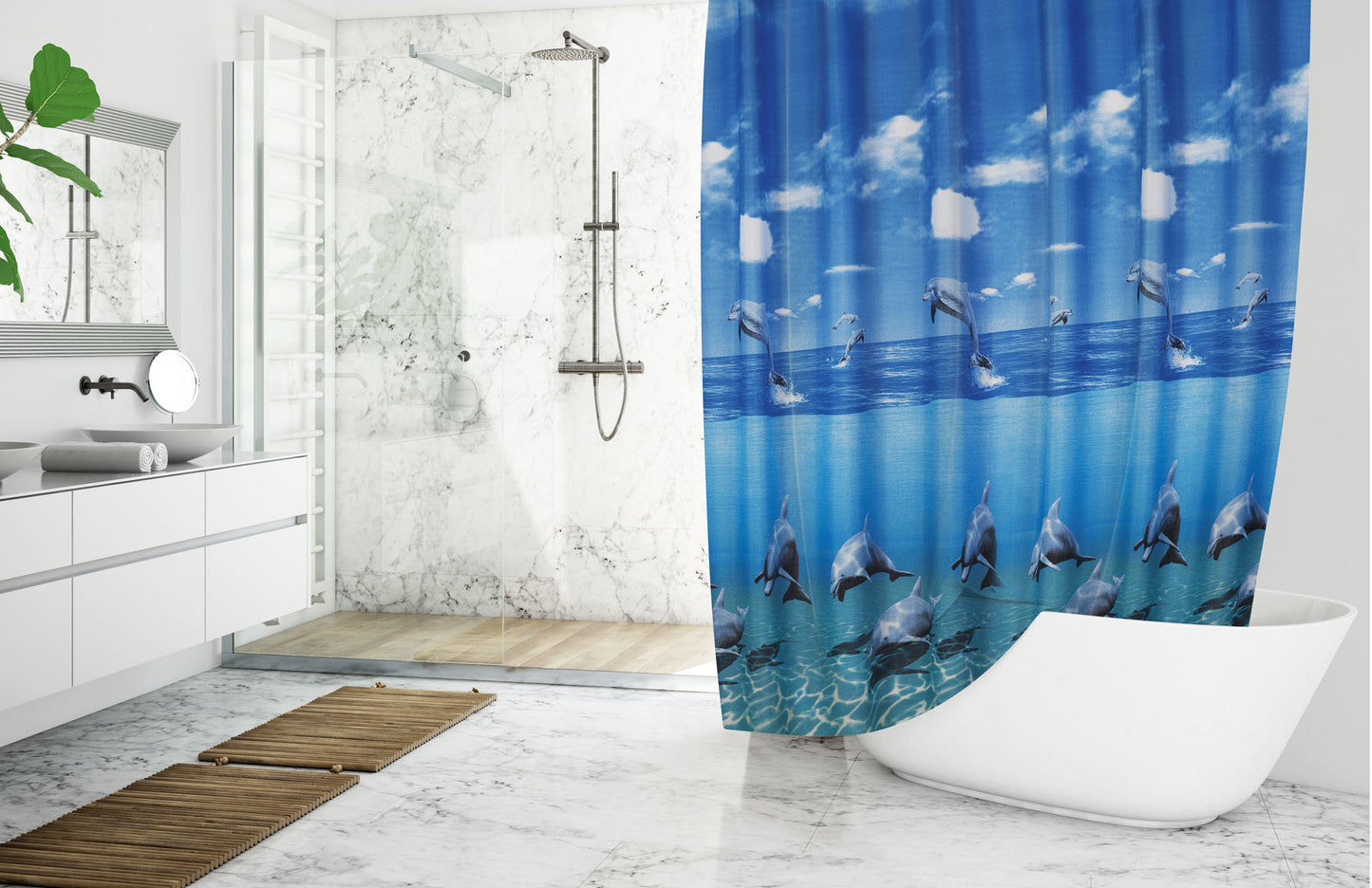 Rideau de baignoire bleu motif de dauphins - 180x200 avec anneaux inclus