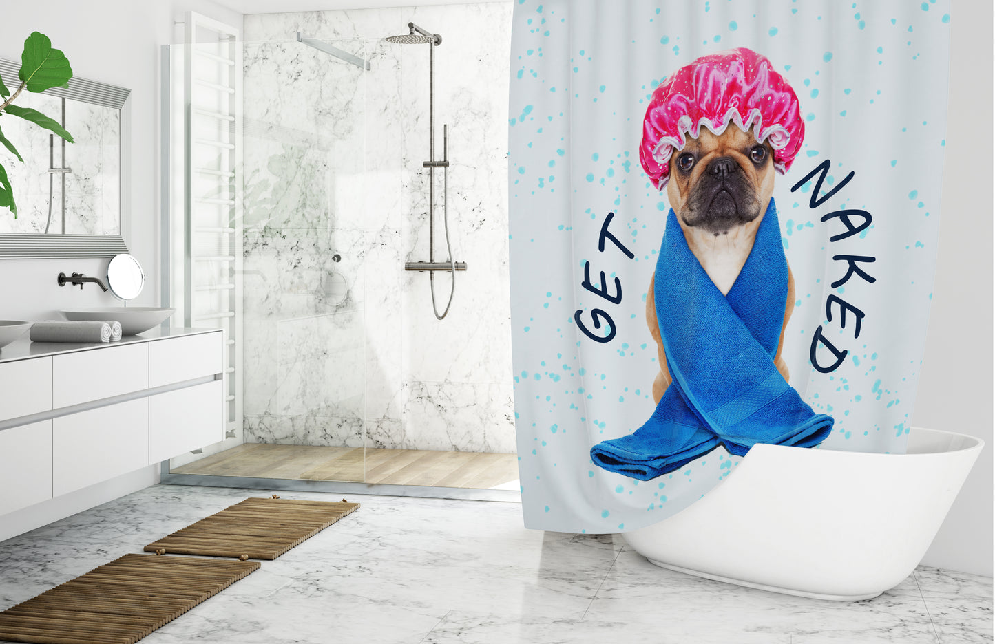 Rideau de douche tissu en joli motif Get naked