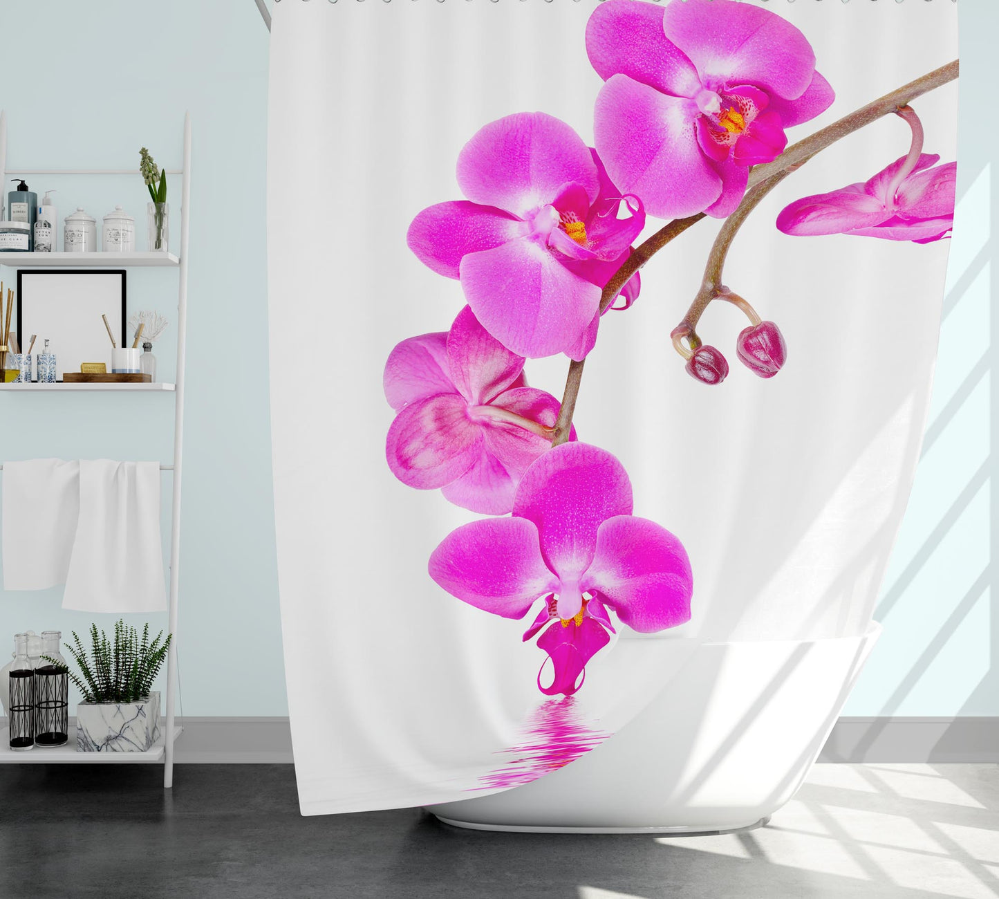 Rideau de douche blanc motif orchidée 180x200 cm