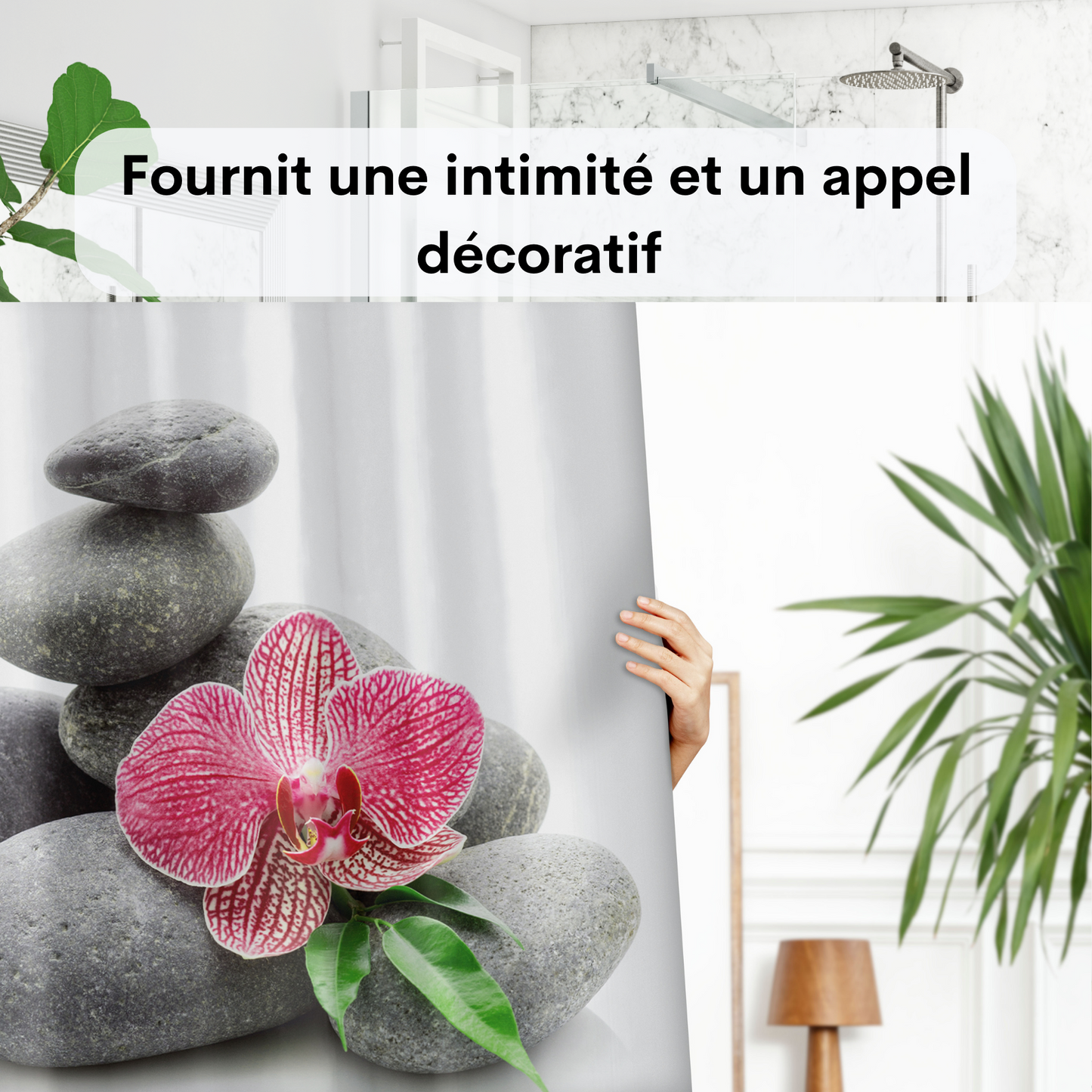 Rideau de douche spa concept pierres de zen et orchidée