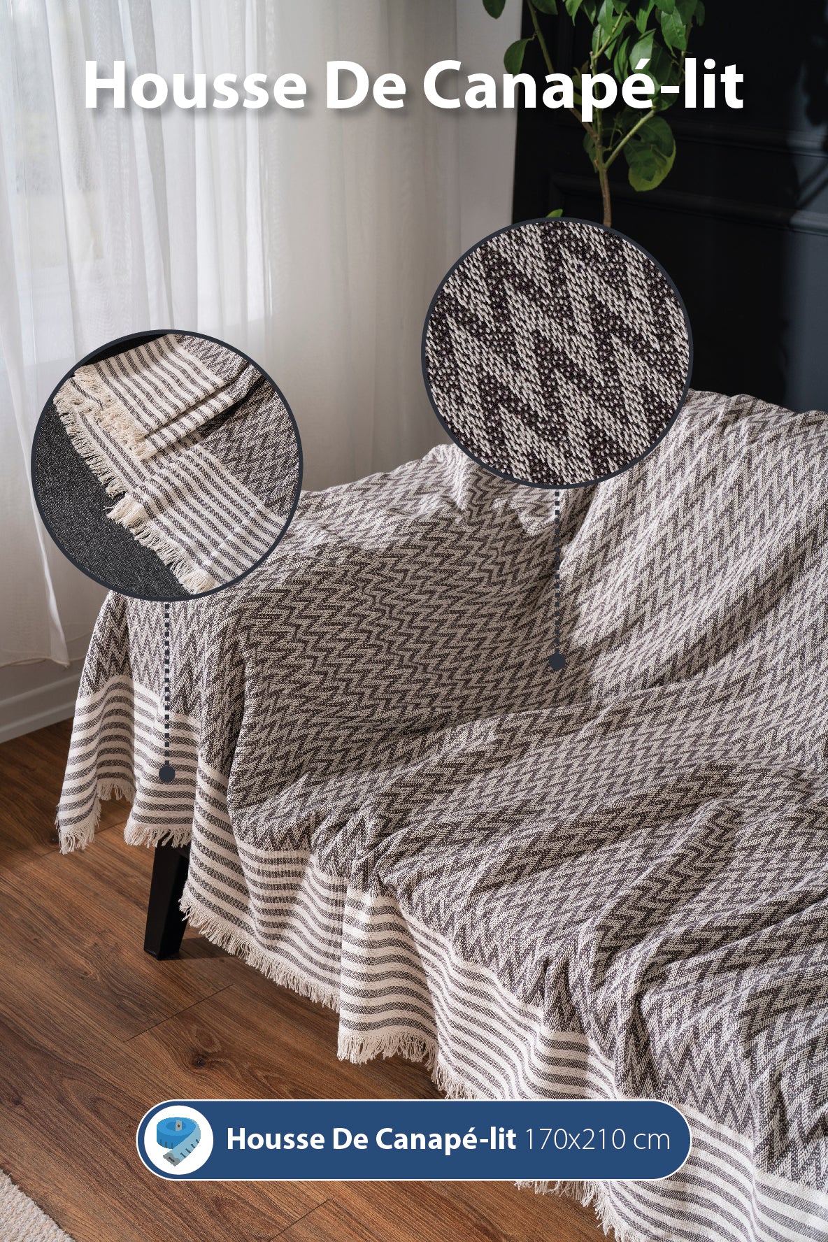 Jeté de Canapé - Lit 100% Coton motif chevron noir