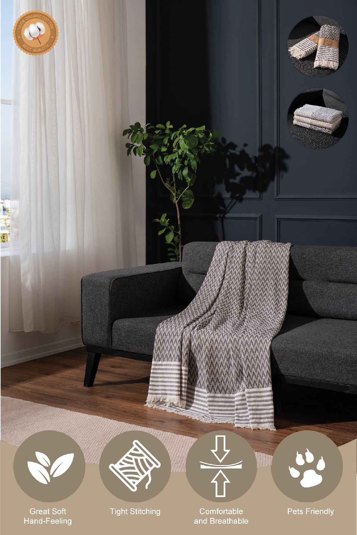 Jeté de Canapé - Lit 100% Coton motif chevron noir