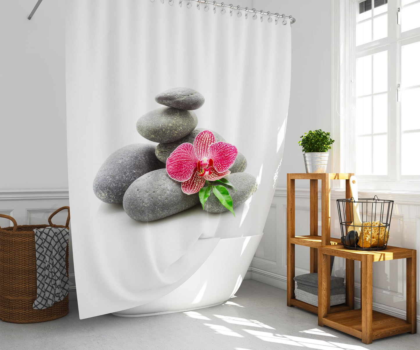 Rideau de douche spa concept pierres de zen et orchidée