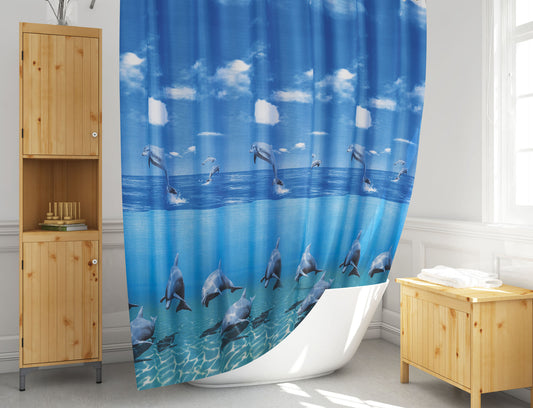 Rideau de baignoire bleu motif de dauphins - 180x200 avec anneaux inclus