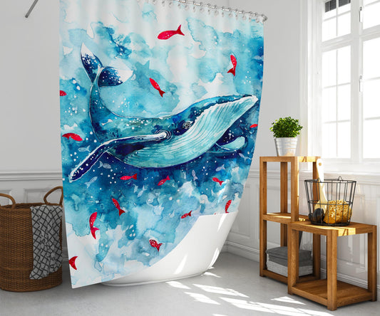 Rideau de douche bleu en motif de baleine avec crochets inclus
