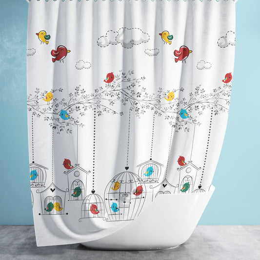Rideau douche blanc en superbe motif oiseaux romantiques
