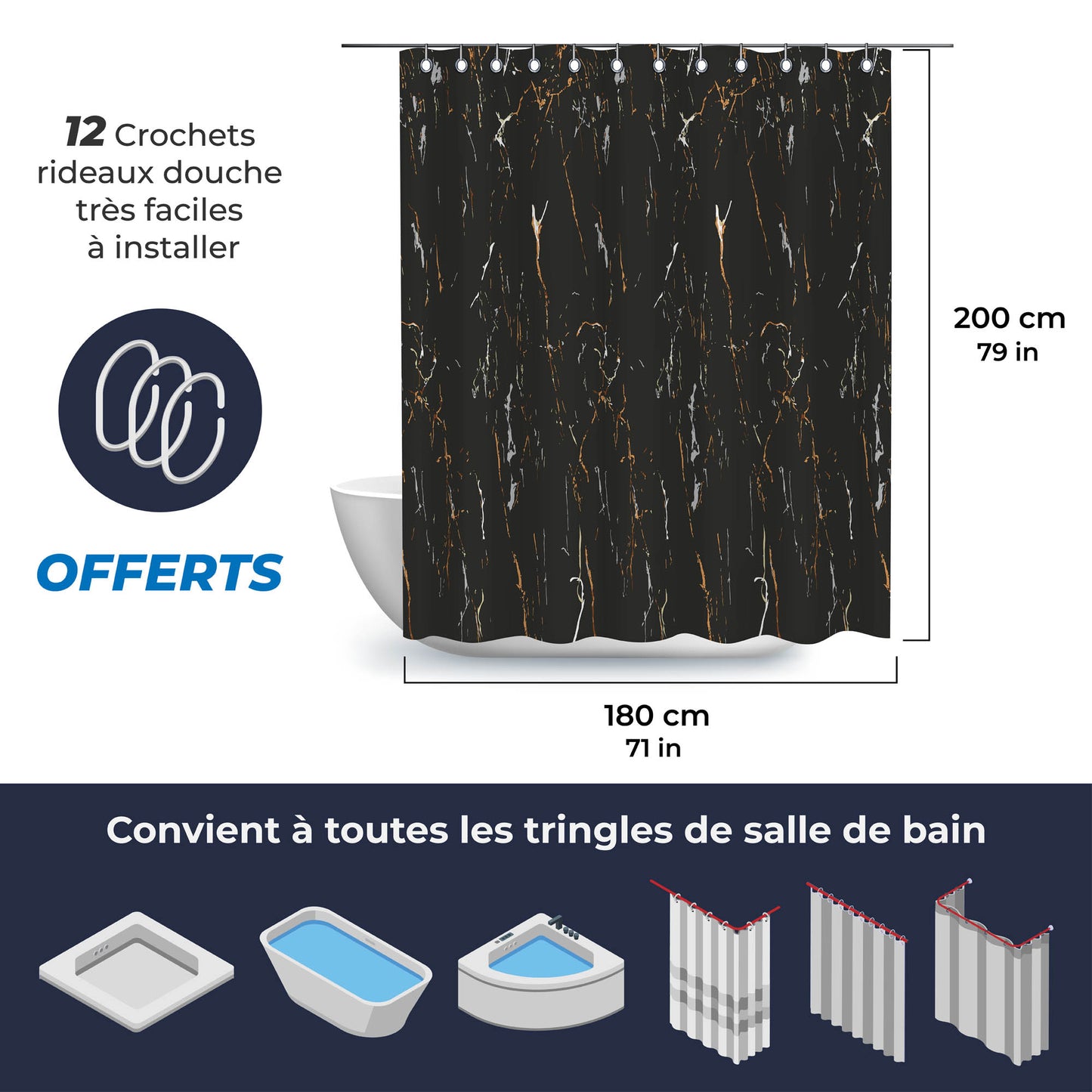Rideau de baignoire marbre noir en tissu étanche 180x200 avec Crochets
