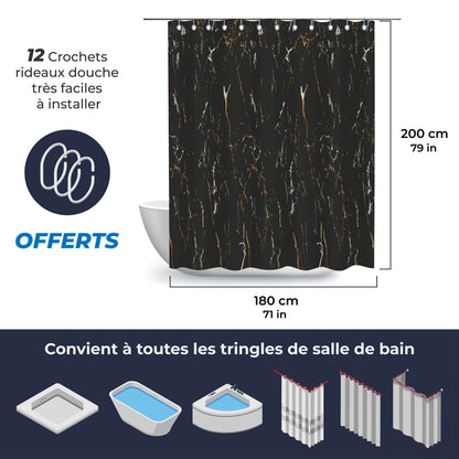 Rideau de baignoire marbre noir en tissu étanche 180x200 avec Crochets