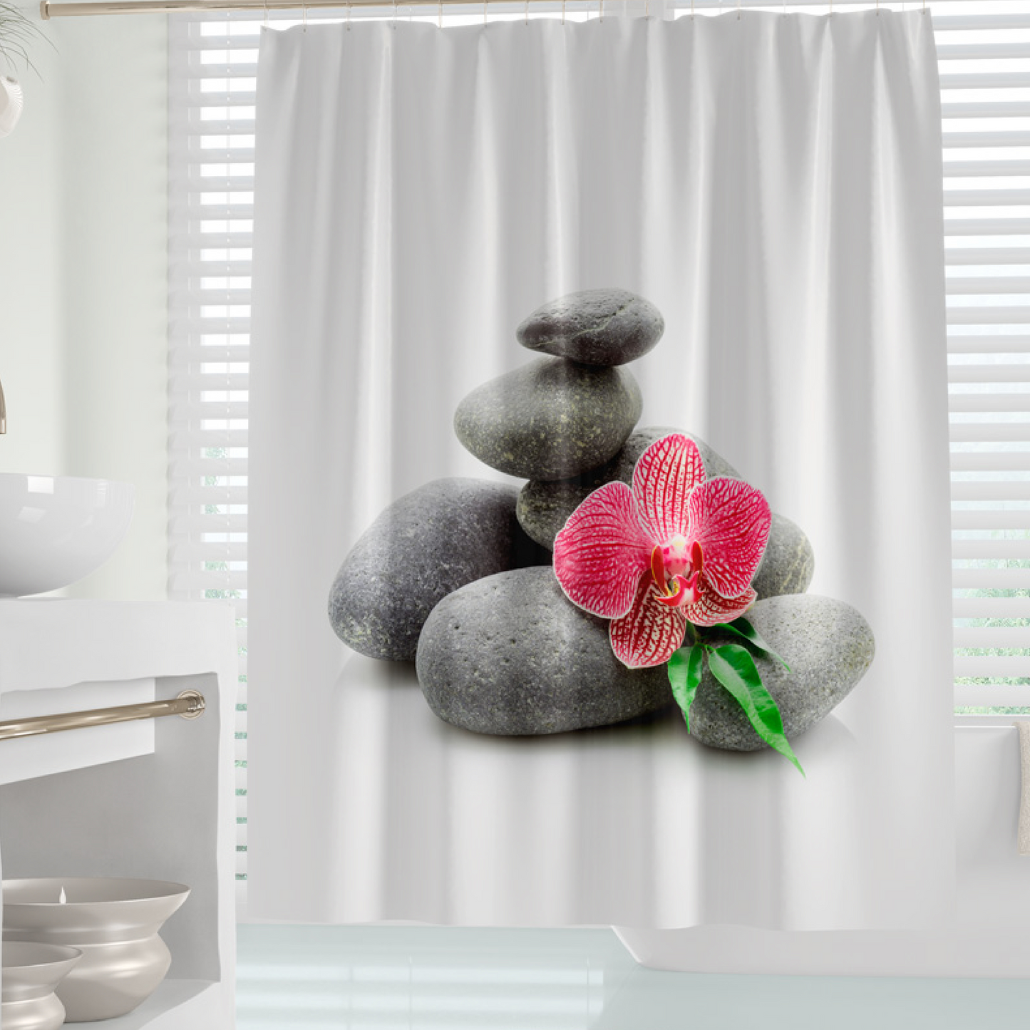 Rideau de douche spa concept pierres de zen et orchidée